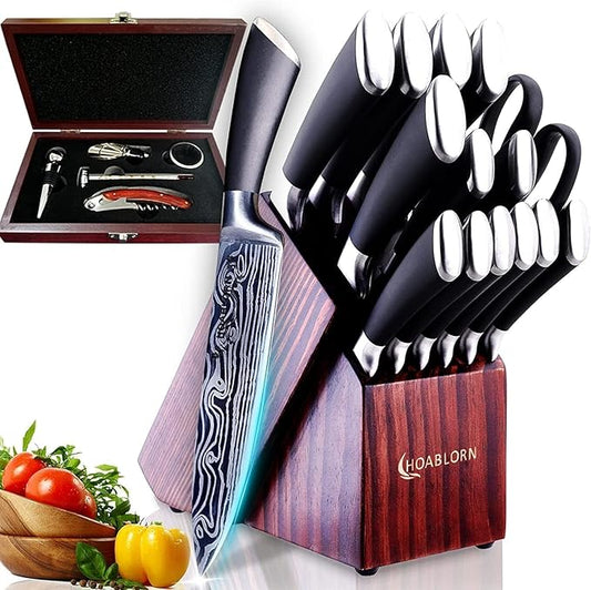 Japanese Knife Block Set 15PCS with Bulid-in Sharper in Knife Block and 6 Steak Knives Professional Self Sharpening Knives Set Damasucs Style German Stainless Steel Best Housewarming&Wedding Gift