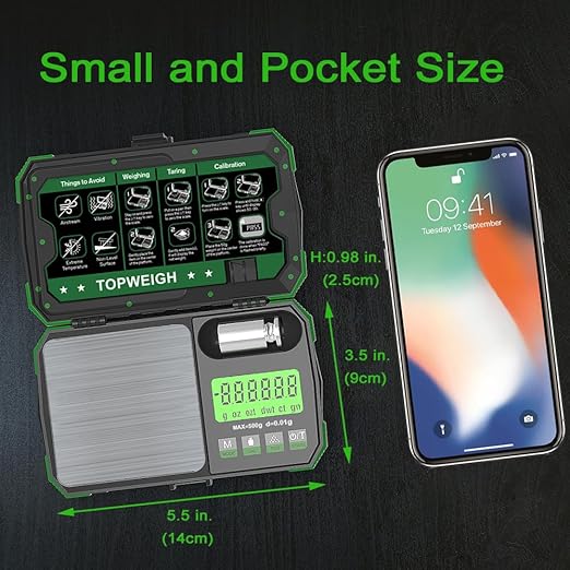 Pocket Scale, Dual Powered, Precision Gram Jewelry Scale with Zipper Case, Digital Small Coin Scale, Large Backlight Display, 500g x 0.01g, 6 Weighing Units,Cal Weight, USB Cable Included