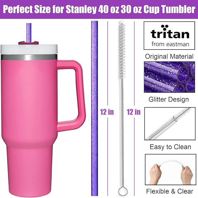 ALINK 10 Pack Purple Replacement Straws for Stanley 40 oz 30 oz Tumbler, 12 in Long Reusable Plastic Glitter Straws for Stanley Cup Accessories, Half Gallon Jug, Plus 2 Cleaning Brush