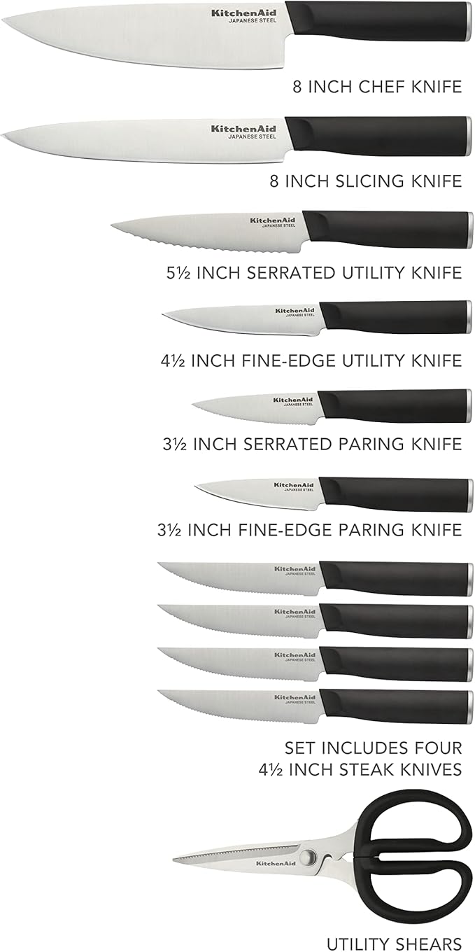 KitchenAid Classic 12 Piece Knife Block Set with Built in Knife Sharpener, High Carbon Japanese Stainless Steel Kitchen Knives, Sharp Kitchen Knife Set with Block, Rubberwood