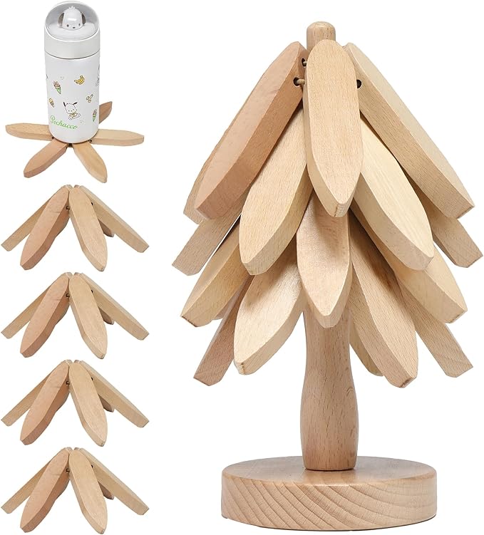 Tree Shape Wooden Trivets for Hot Dishes，4 Wooden Trivets + 1 Stand stored Like a Christmas Tree，for Easy Storage，Multifunctional Ornaments (Beech)