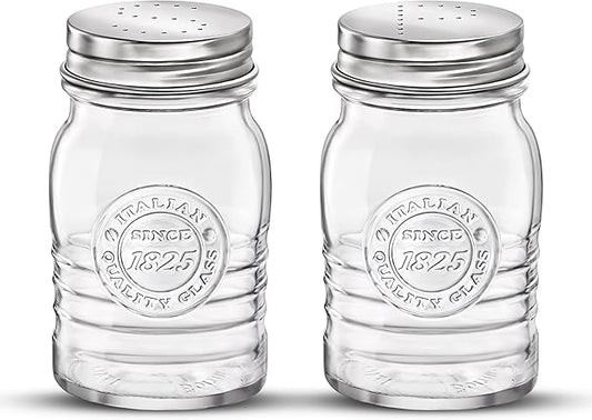 Bormioli Rocco Officina 1825 Salt And Pepper Shaker, Set Of 2, Clear, 8 Oz. Stain Resistant, Durable Glass Jars, Dishwasher Safe.