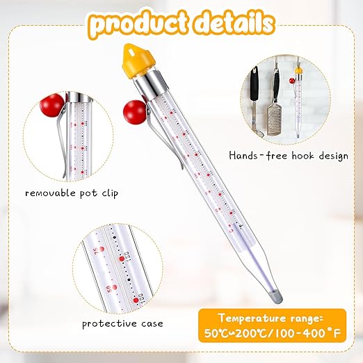 Photect 1 Pcs Candy Thermometer with Pot Clip 8" Deep Fry Oil Thermometer Instant Read Cooking Food Thermometers Sugar Syrup Jam Jelly Oil Candy Temperature Kitchen Accessories for Home Cooking