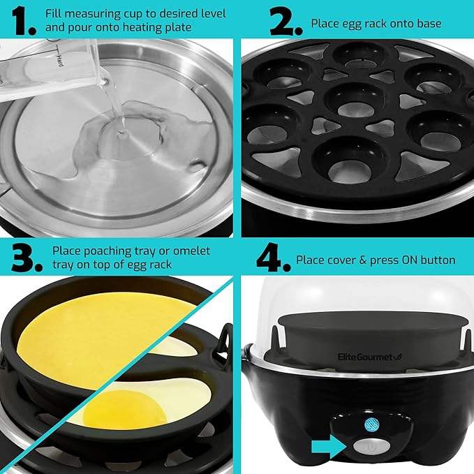 Elite Gourmet EGC-007B# Rapid Egg Cooker, 7 Easy-To-Peel, Hard, Medium, Soft Boiled Eggs, Poacher, Omelet Maker, Auto Shut-Off, Alarm, 16-Recipe Booklet, Black