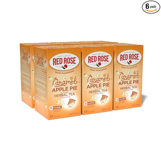 Red Rose Sweet Temptations Dessert Tea Caramel Apple Pie, Zero Carbs, Zero Sugar Bursting with Flavor Caffeine-Free Delicious Beverage Herbal Tea, 18 Count Pack of 6 Fruit Naturally Flavored Black Tea