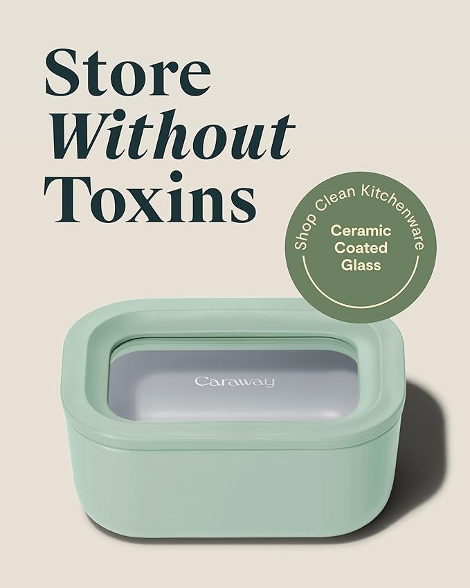 Caraway 2pc Glass Food Storage Set - 2.6 Cup Food Containers (2) - Non-Toxic Ceramic-Coated Glass - Air Release Technology - Compact & Stackable Design - Mist