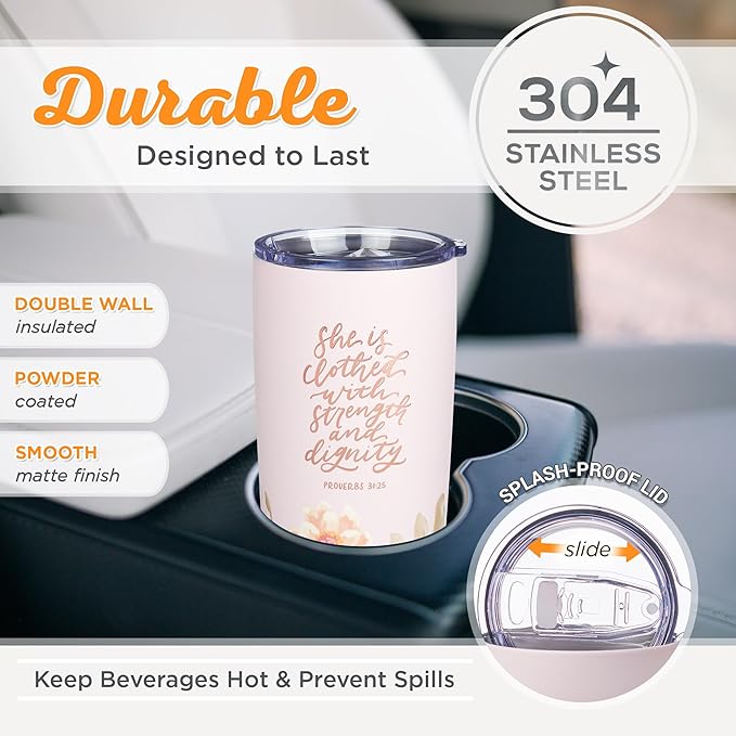 Christian Art Gifts Large Stainless Steel Inspirational Travel Mug Tumbler for Women: Strength & Dignity Scripture, Sturdy Vacuum Insulated, Hot/Cold, Retractable Lid, Pink Multicolor Floral, 18 oz.