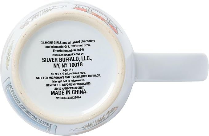 Silver Buffalo Gilmore Girls Iconic Icons Stars Hollow Luke's Diner Ceramic Travel Mug with Slide Close Lid and Handle, 16 Ounces