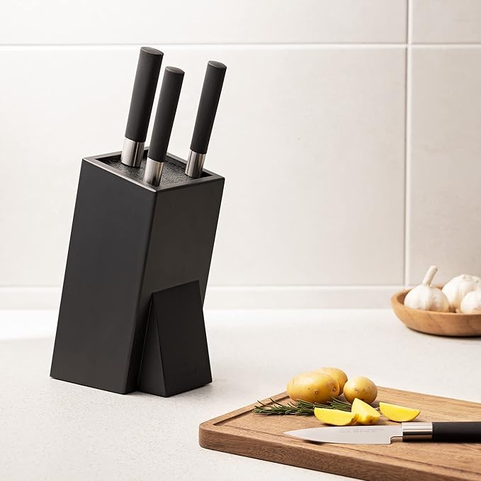 Navaris Universal Knife Block Holder - Rubber Wood Stand with Bristles to Fit Different Sizes of Knives - Angled Design, 9.8" x 5.9" x 4.1’" - Black
