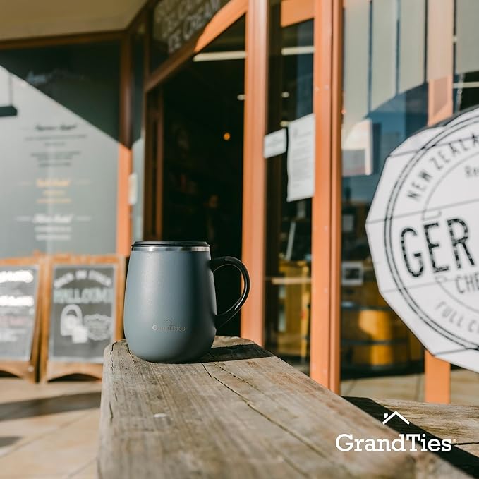 GRANDTIES Insulated Coffee Mug with Handle - Sliding Lid for Splash-Proof 16oz Wine-Glass Shape Thermal Tumbler with Double Walled Vacuum Stainless Steel to Keeps Beverages Hot or Cold-Stone Grey