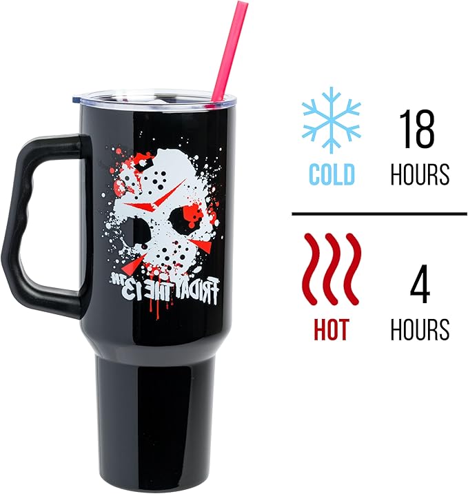Silver Buffalo Friday The 13th Stainless Steel Tumbler with Handle Featuring Jason Voorhees’s Splatter Mask, Fits in Standard Cup Holder, 40 Ounces