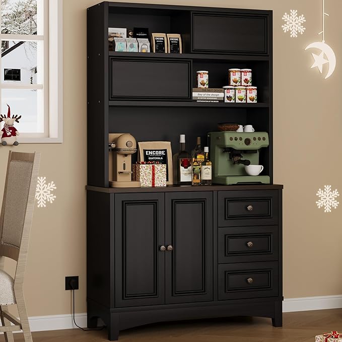 71" Black Pantry Cabinet with Charging Station, 4-Type Storage & Anti-Tip Design, Kitchen Cabinet with Sliding Door/Adjustable Shelves