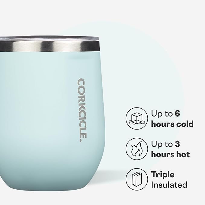 Corkcicle Stemless Wine Tumbler - Keeps Drinks Cold for 6 Hours - Triple-Insulated Stainless Steel - Non-Slip Base - Summer Drinkware Gift - Keeps Drinks Ice Cold - 12 oz - Gloss Powder Blue