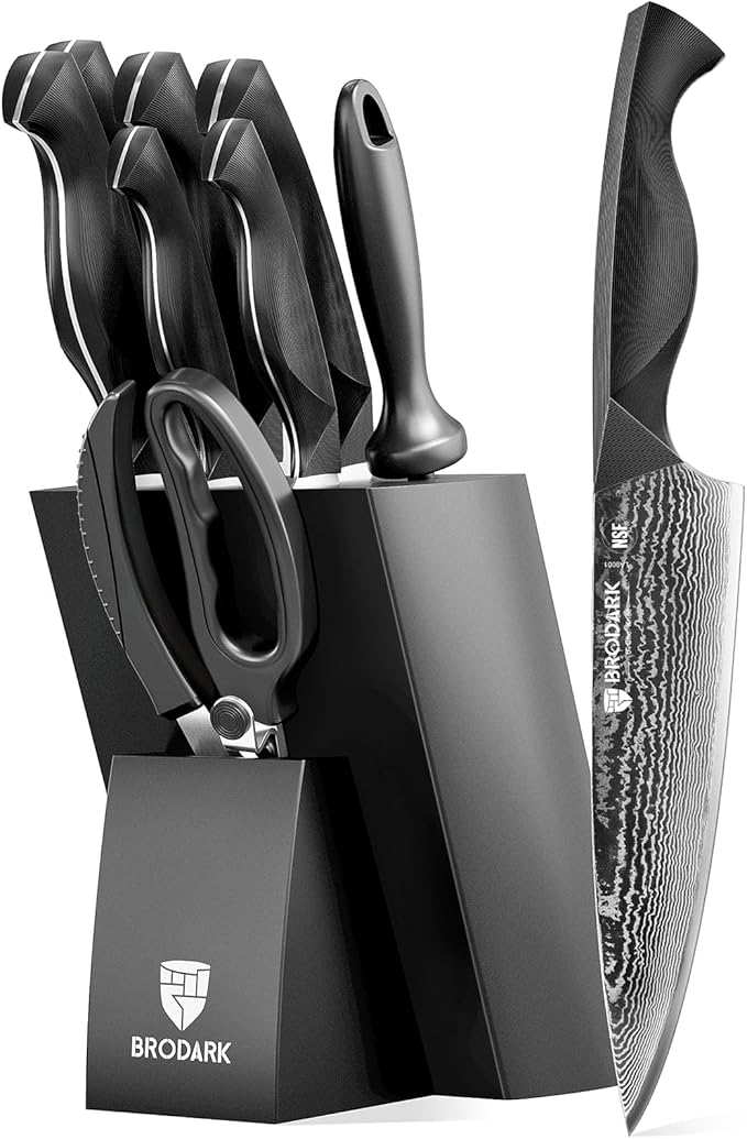 BRODARK Knife Set, Damascus Kitchen Knife Set with Block, 9 Pieces Sharp Professional Japanese Chef Knives with Ergonomic Full-Tang ABS Handle for Home, Restaurant -Christmas Gift, Dark Horse Series