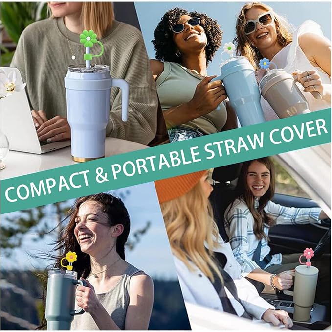 Flower Straw Cover Cap for Stanley Cup Silicone Straw Topper Compatible with 30 and 40 Oz Tumbler with Handle,Straw Tip Covers 10 mm 0.4 in for Straw Tip Covers (5Pcs-Flower-StrawCover)