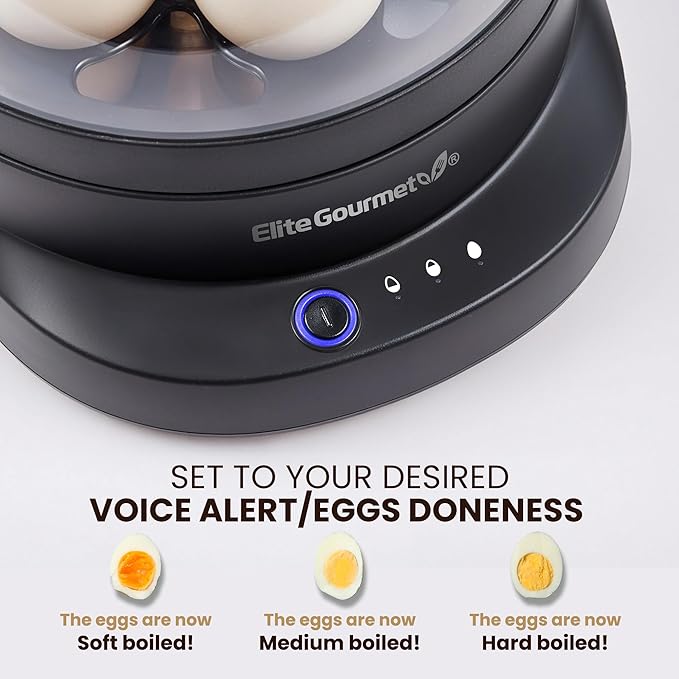 Elite Gourmet EGC587 EGGSYNC™ Voice Alerts Easy Egg Cooker, 7-Egg Capacity, Soft, Medium, Hard-Boiled Settings, Measuring Cup with Piercing Pin, Auto Shut-Off, BPA-Free