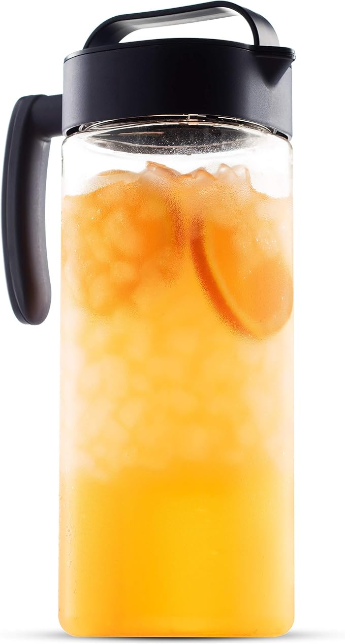Komax Set of 2 Plastic Water Pitcher with Lid – BPA-Free & Iced Tea Microwave Dishwasher Safe Tea, Sangria, or Juice Containers Lids for Fridge (2.1 Qt), Clear & Blue
