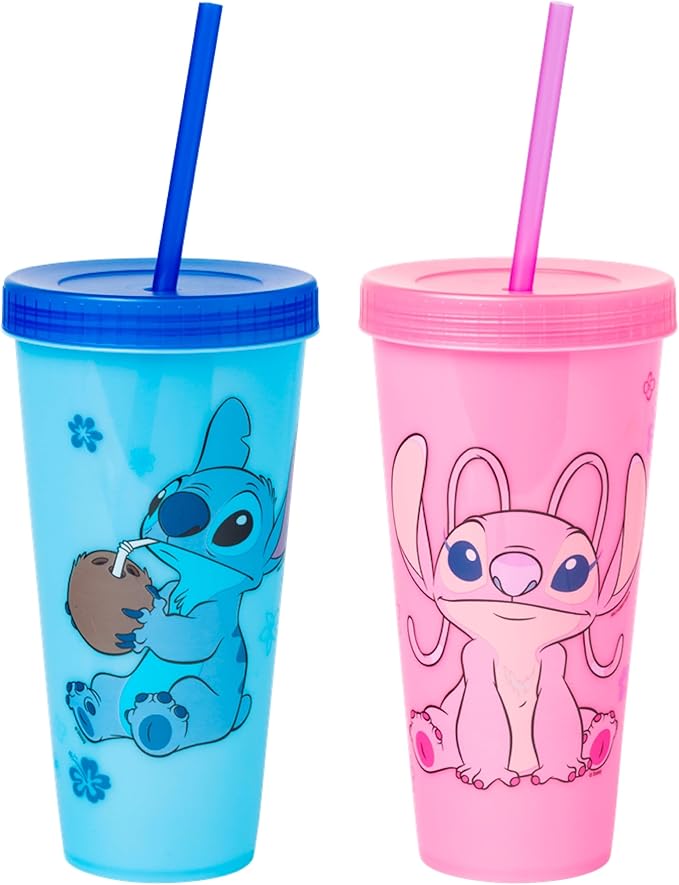 Silver Buffalo Disney Lilo and Stitch Angel Coconut Flowers 2 Pack Color Change Plastic Tumbler, 24-Ounce