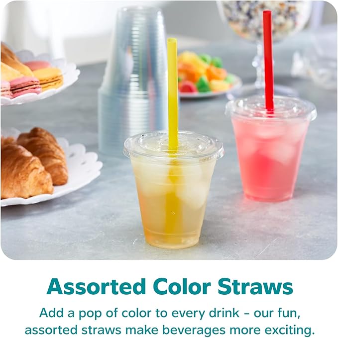 GUSTO [12 oz. - 100 Count Clear Cups with Flat Lids & Straws - Disposable Clear Drinking Cups for Iced Coffee, Cold Drinks, Milkshakes, and Smoothies - Formerly Comfy Package