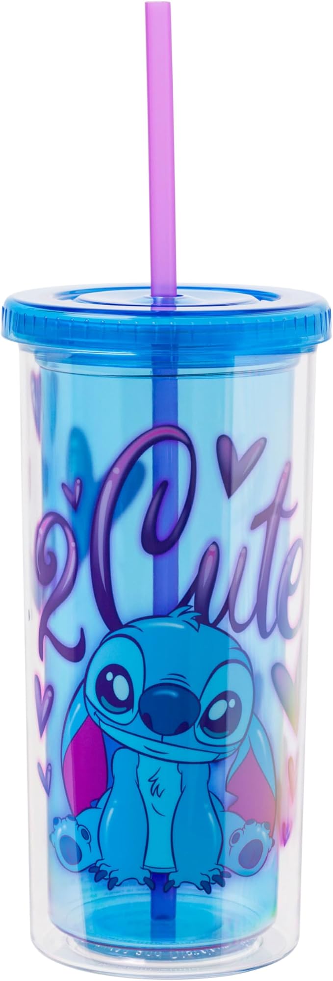 Silver Buffalo Disney Lilo and Stitch “2 Cute” Plastic Tall Cold Cup with Lid and Straw, 20 Ounces (Pack of 12)