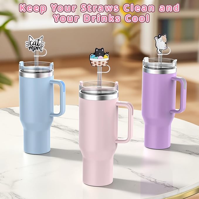 6PCS Straw Covers for Stanley Cup Tumbler 30 oz / 40 oz Leak Proof Straw Toppers 10mm Silicone Cute Caps for Stanley Cup Accessories-Cute Cat