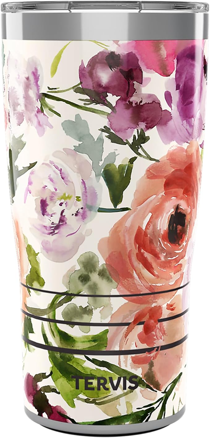 Tervis Traveler Kelly Ventura - Floral Collection Triple Insulated Tumbler Travel Cup Keeps Drinks Cold & Hot, 20oz - Stainless Steel, Heather Rose