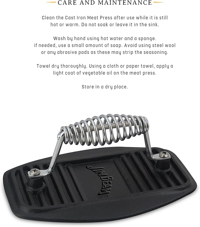Jim Beam Stainless Steel Cast Iron Meat Press, Pre Seasoned for Delicious Meat, Steak, Beef and Patty, Heavy Duty Construction