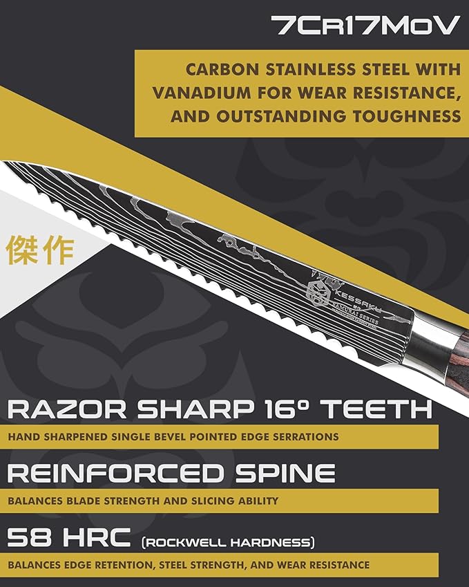 KESSAKU Serrated Utility Knife - 5.5 inch - Samurai Series - Razor Sharp Kitchen Knife - Forged 7Cr17MoV High Carbon Stainless Steel - Wood Handle with Blade Guard