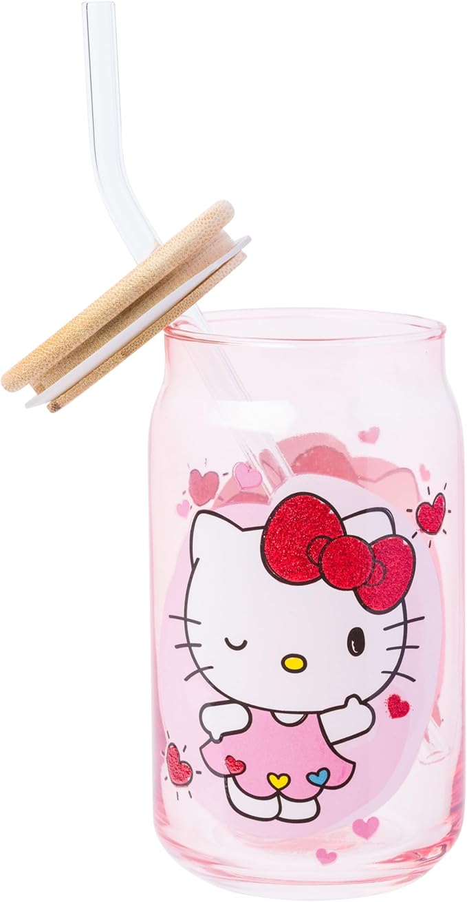 Silver Buffalo Sanrio Hello Kitty and Friends Featuring Dear Daniel 2 Pack Glass Jar Tumbler with Bamboo Lid and Glass Straw, 16 Ounces