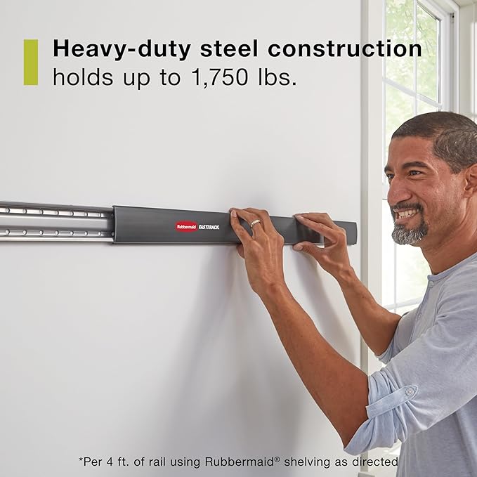 Rubbermaid FastTrack Wall Mounted Storage and Organization System Rail 48" Holds up to 1750 pounds Black Home/Garage Organization for Yard Tools/Sports Equipment/Ladders