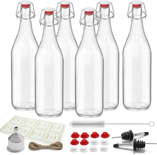 6 Pack [1 Liter / 33 fl. oz.] Swing Top Glass Bottles – Airtight Flip Top Brewing Bottles for Kombucha, Beer, Wine, Kefir, Soda, Liquor – Includes Funnel, 2 Pourers, 6 Seals, 8 Labels & Jute Twine