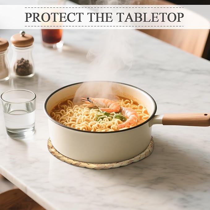 Boho Trivets for Hot Dishes, Pots and Pans, Farmhouse Water Hyacinth Hot Pads 8 Inch, Straw Pot Holders for Kitchen, Rustic Braided Heat Resistant Mat, Jute Coasters Set Wicker Decor (Natural 6 Pcs)