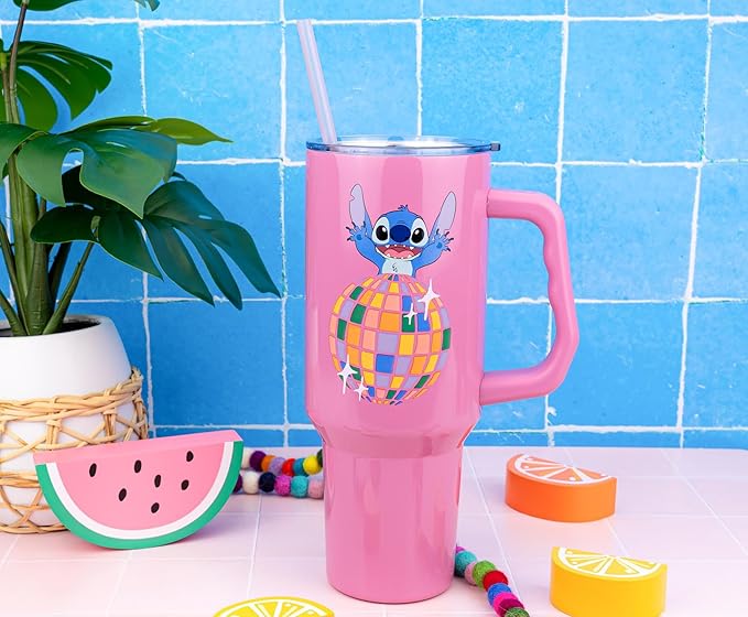 Silver Buffalo Disney Lilo and Stitch Life is a Party Disco Ball Stainless Steel Tumbler with Handle and Straw, Fits in Standard Cup Holder, 40 Ounces