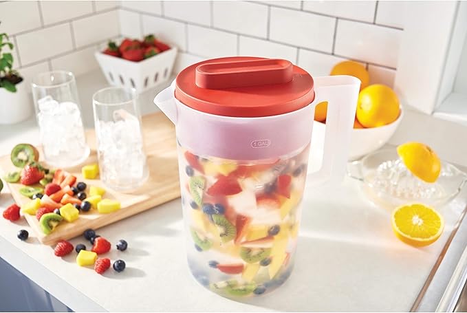 Rubbermaid 2-Piece Pitcher Set with 3 Position Pour Spout Lid for Water, Tea, and Drinks, Dishwasher Safe, 1-Gallon, Clear/Red