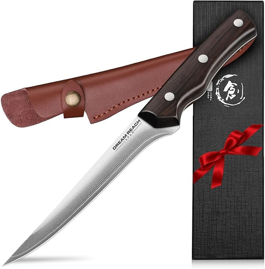 Dream Reach Boning Knife for Meat Cutting Japanese High Carbon Steel Deboning Knife with Sheath-Razor Sharp 6 inch Fillet Knife Brisket Trimming Knife for Kitchen Outdoor (Flow Series1), Silver