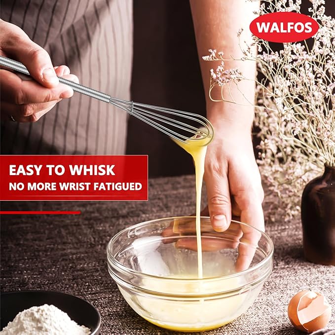 Walfos Long Small Whisks Skinny Little Whisk 10 inch Tiny Mini Whisk With Long Handle for Mixing Sauces, Coffee, Cooking,Beating, Blending Ingredients,