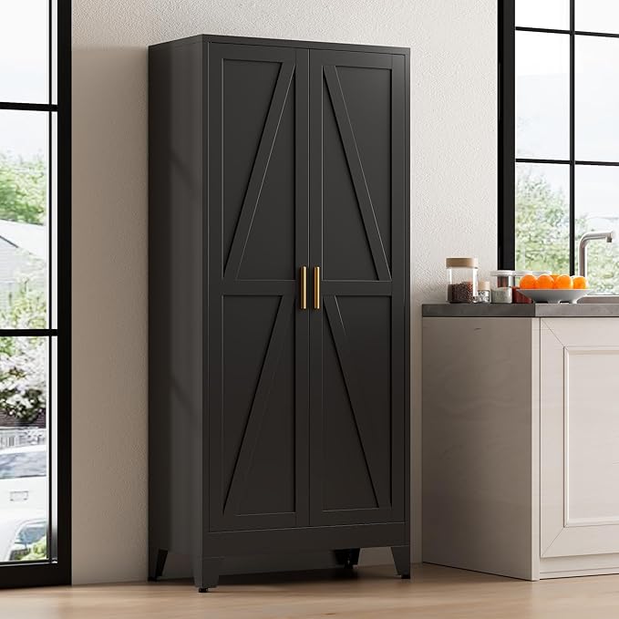 61" Tall Metal Pantry Cabinet, Kitchen Storage Cabinet with 2 Doors and 3 Adjustable Shelves for Kitchen, Living Room, Dining Room, Bathroom and Home, Office (Black, 61" H)