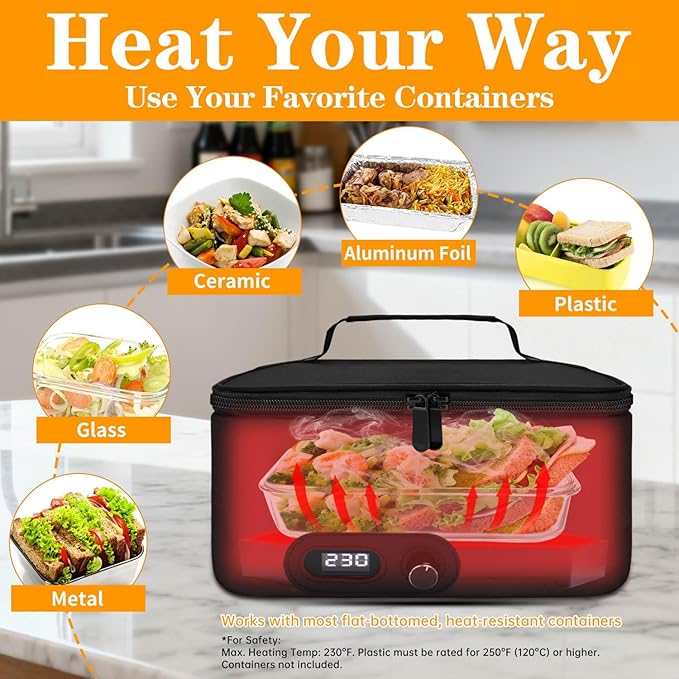 Aotto Portable Oven Electric Lunch Box Food Heater - 12V/24V 2-in-1 Car Food Warmer, Temperature Control with LED Display, Cook, Reheat & Keep Meals Warm for Car, Truck, Travel - Black