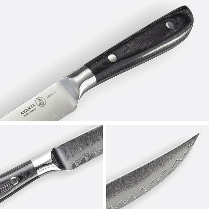Messermeister Avanta Damascus Forged 5” Fine Edge Steak Knife Set - Rust Resistant & Easy to Maintain - Includes 4 Steak Knives