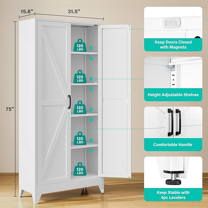 SISESOL 75" Tall Pantry Cabinet,Farmhouse Kitchen Pantry Storage Cabinets with 2 Doors and 5 Shelves,White Metal Storage Cabinet,Large Cupboard for Home,Kitchen,Dining/Living Room