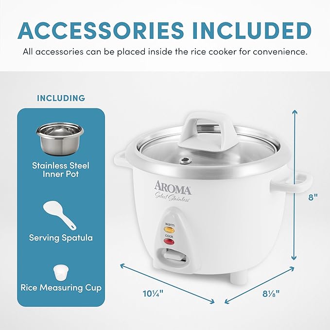 AROMA® Select Stainless® Rice Cooker, 3-Cup (Uncooked) / 6-Cup (Cooked), Stainless Steel Inner Pot, Small Rice Cooker, Auto Keep Warm, 1.2 Qt, White, ARC-753SG (Pack of 4)
