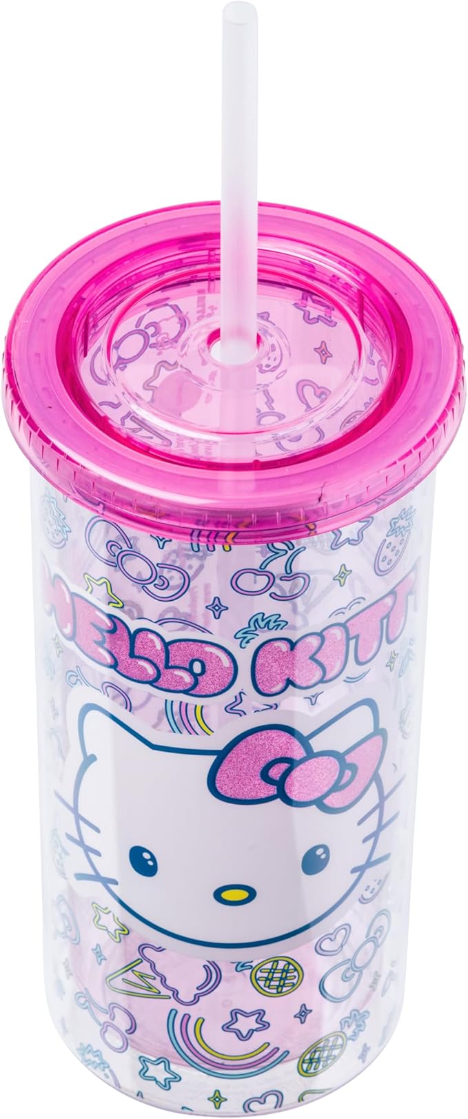 Silver Buffalo Sanrio Hello Kitty Neon Fruit Pattern Plastic Cold Cup with Lid and Straw, 20 Ounces