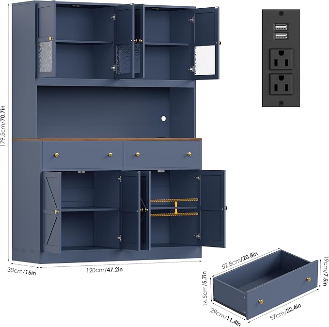 FINETONES 71" Pantry Cabinet with LED Light and Charging Station, Farmhouse Kitchen Pantry Cabinet with Microwave Stand, 47.2" Wide Kitchen Hutch Food Pantry with Open Countertop, Blue