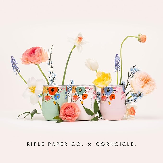 Corkcicle Stemless Insulated Wine Glass Tumbler - Keeps Beverages Cold 6 Hrs Hot 3 Hrs - Stainless Steel - Easy-Grip - Gift for Mom - Great for Mother's Day or Christmas - 12 oz - Mint Lively Floral