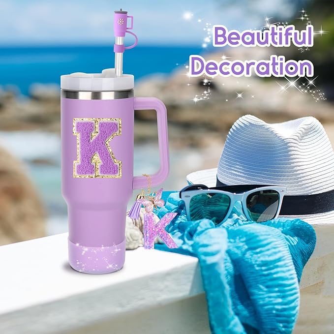 Mity rain 6PCS Cup Accessories Set for Stanley Cup 30oz 40oz tumbler with handle, Including Silicone Straw Topper Cover Cap and Boot, Spill Proof Stopper, Handle Charm, Initials Sticker (Letter K)