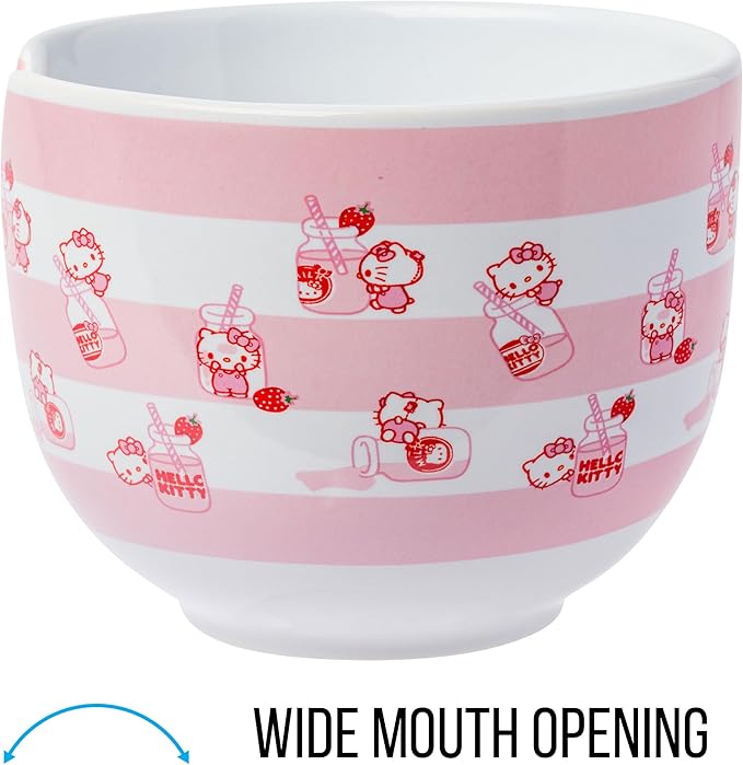 Silver Buffalo Sanrio Hello Kitty Strawberry Milk Pattern Ceramic Ramen Noodle Rice Bowl with Chopsticks, Microwave Safe, 20 Ounces
