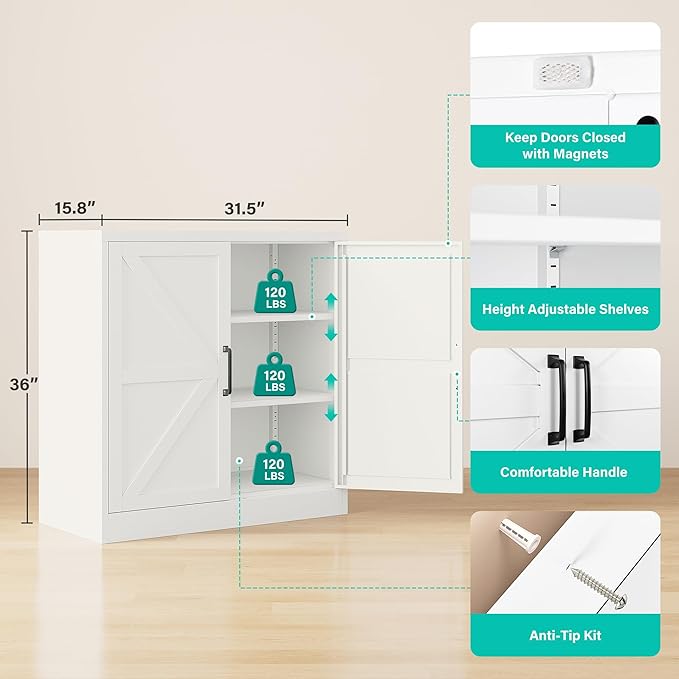 White Storage Cabinet with Doors and Adjustable Shelves,36" Farmhouse Food Pantry Cabinets,Small Sideboard Cabinet,Short Metal Storage Cabinets for Home Kitchen,Dining/Living/Laundry/Room