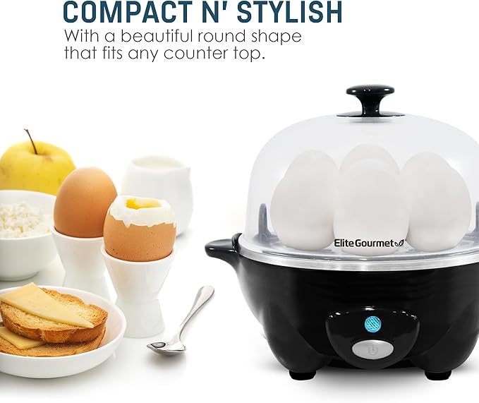 Elite Gourmet EGC-007B# Rapid Egg Cooker, 7 Easy-To-Peel, Hard, Medium, Soft Boiled Eggs, Poacher, Omelet Maker, Auto Shut-Off, Alarm, 16-Recipe Booklet, Black