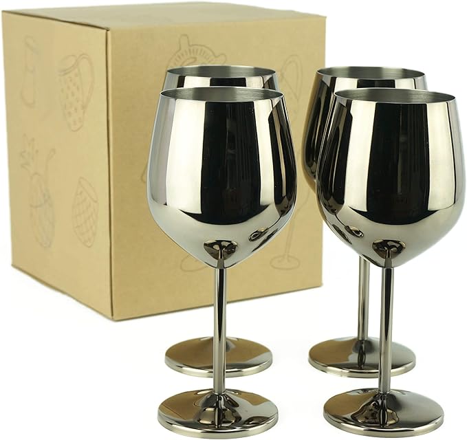 PG Set of 4 Stainless Steel Wine Glasses - 18.5oz Black Unbreakable Stem Metal Wine Goblets