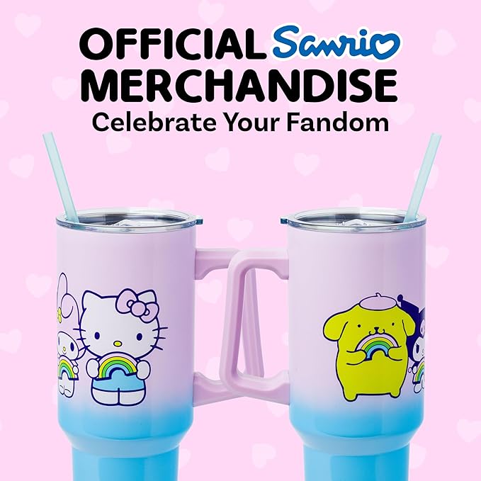 Silver Buffalo Sanrio Hello Kitty and Friends Featuring My Melody, Kuromi, and Pompompurin Rainbow Ombre Stainless Steel Tumbler with Handle and Straw, Fits in Standard Cup Holder, 40 Ounces